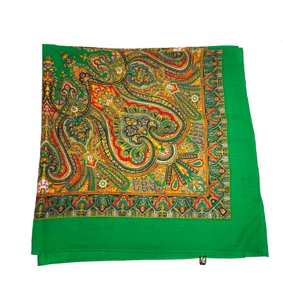 Vintage Accessories - Vintage 80's Square 100% Wool Green Scarf Shawl Intricate Paisley Design.